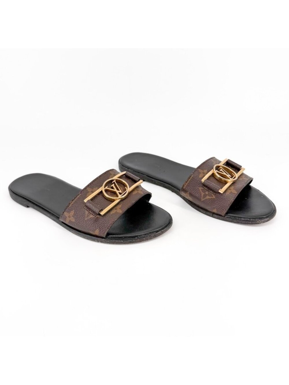Louis Vuitton Lock It Slide Sandals Brown LV Size 39 US 9 Women’s Monogram Flat